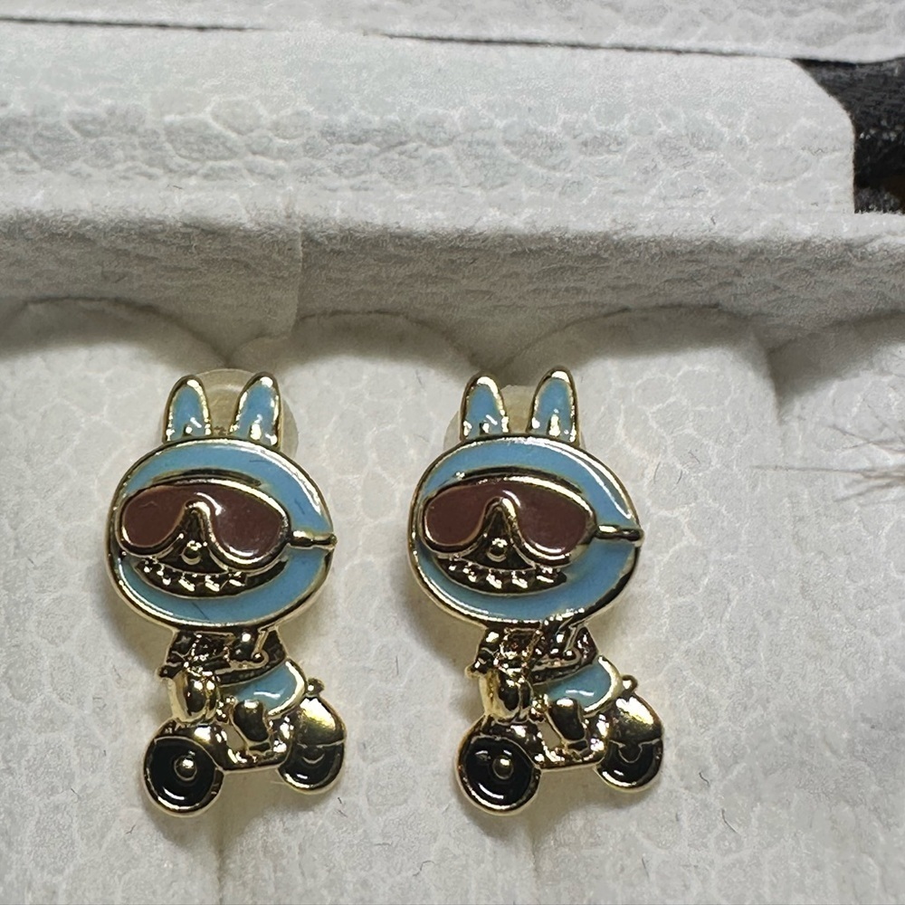 14K Gold Motorcycle Labubu Monster Theme Enameled Stud Character Earrings